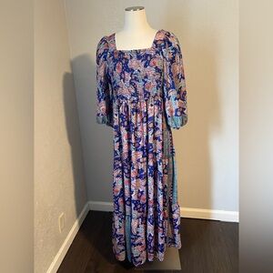ME 2 MAGIC Anthropologie Bohemian Smocked Maxi Tiered Dress XL Balloon Sleeve